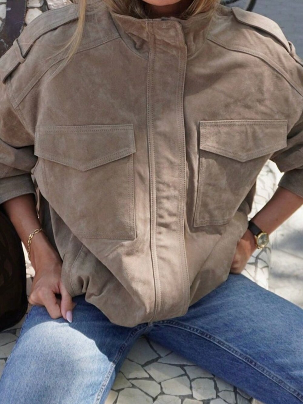 Khaki Casual Women's Suede Jacket with Lapel Collar - Picture 3 of 5